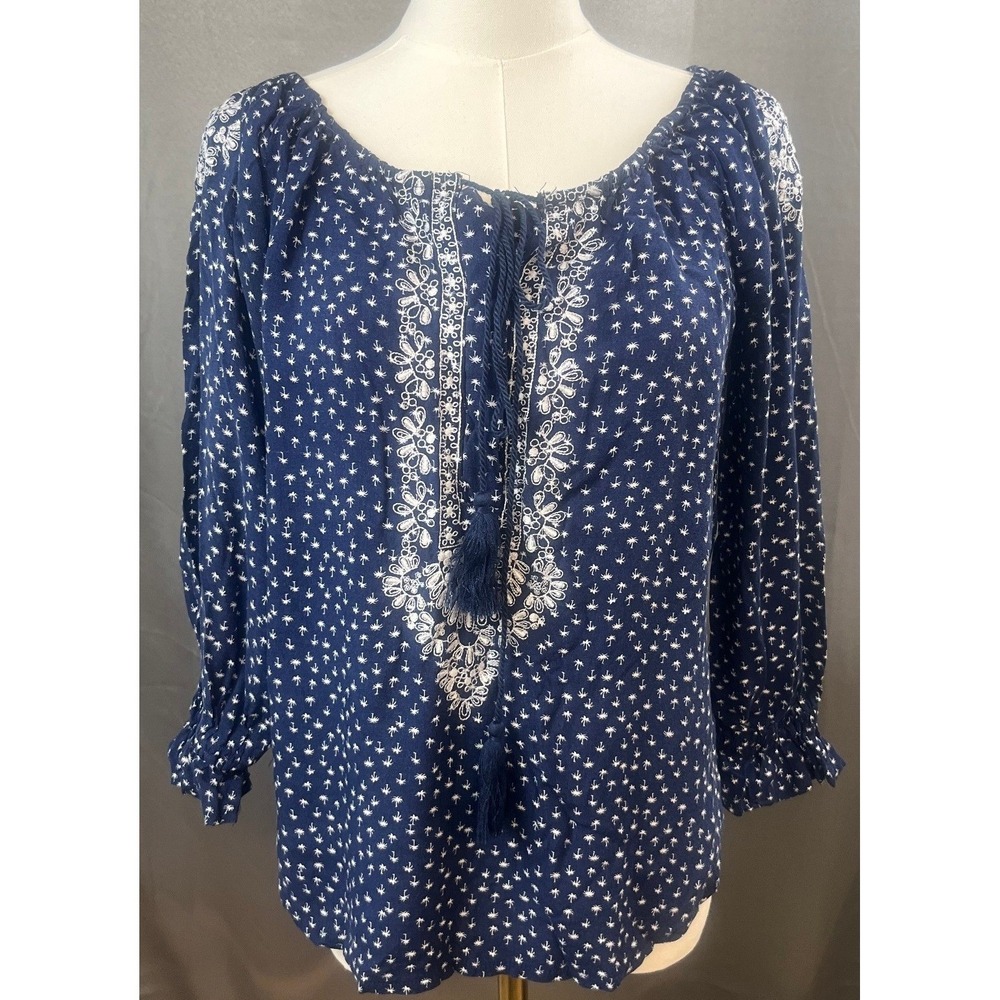 Panhandle Womens Peasant Top Small Blue Palm Tree Tassel Boho Blouse Tunic